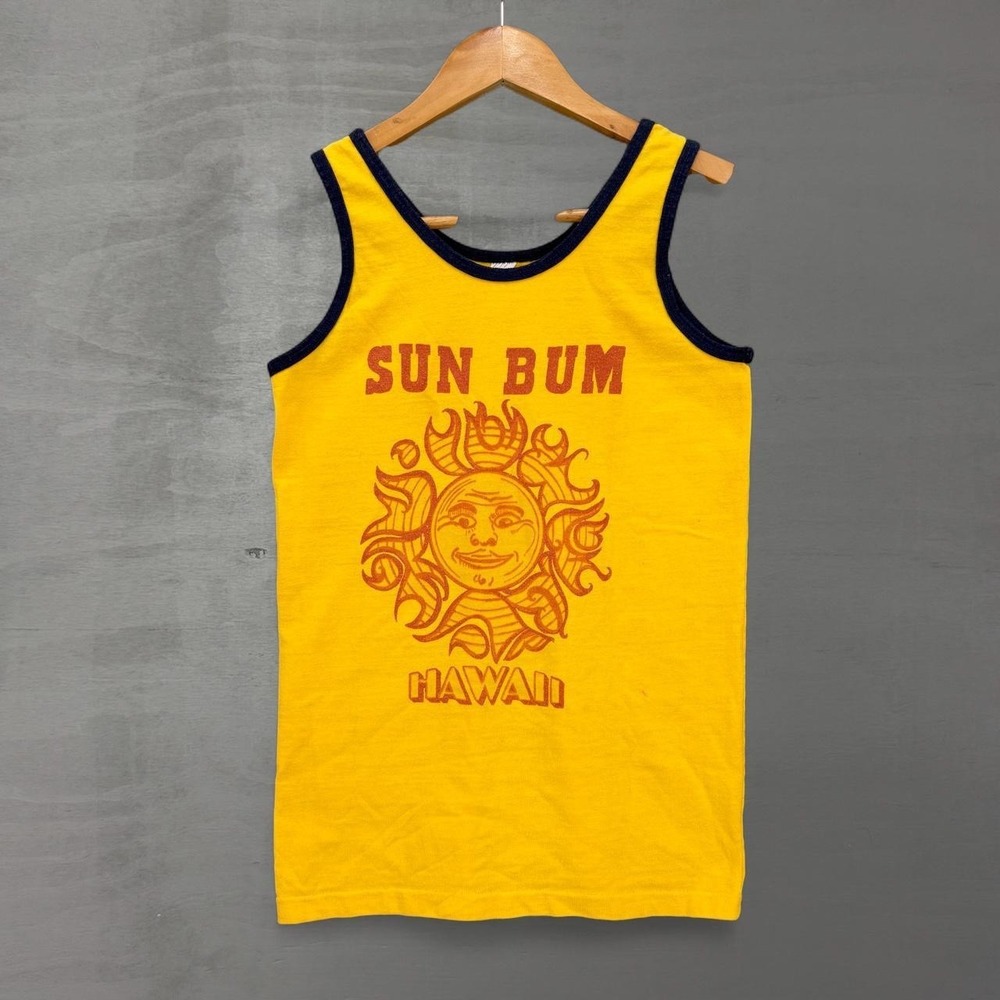 True Vintage 70s Sun Bum Hawaii Ringer Tank Top Yellow Navy Sun Graphic 16